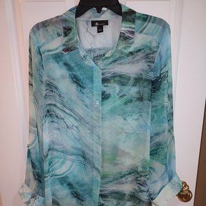 Eye-catching blue watercolor, long button down shirt